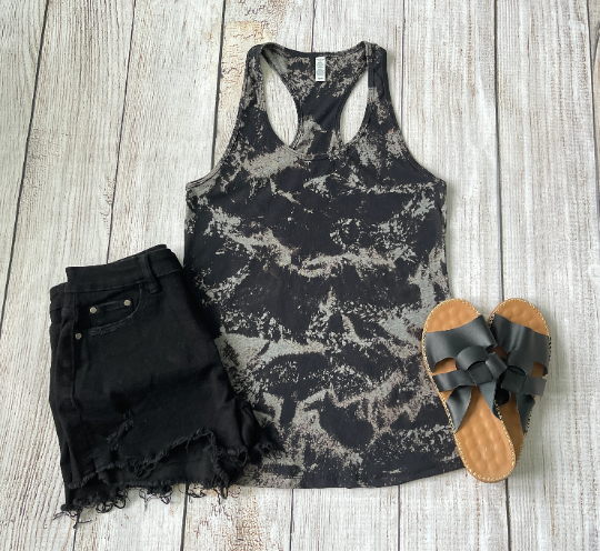 Reverse Tie Dye Black Tank Top, Racerback Tank, Bleached Shirt, Acid Wash Shirt